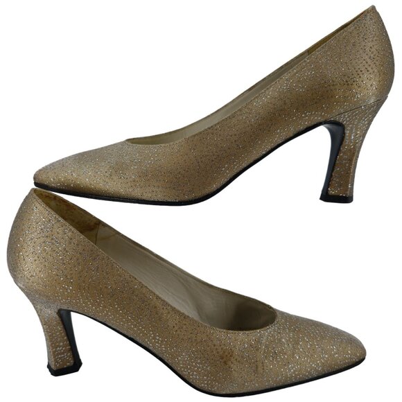 Stuart Weitzman Gold Silver Sparkly Fabric Pumps Women 8.5AAAA Dress Shoes Heels - Picture 3 of 16